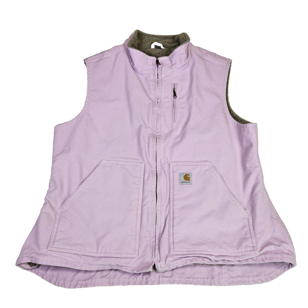 VTG Y2K Carhartt Womens XL Sherpa Lined Vest Pink WV001 FPL Workwear Canvas Zip
